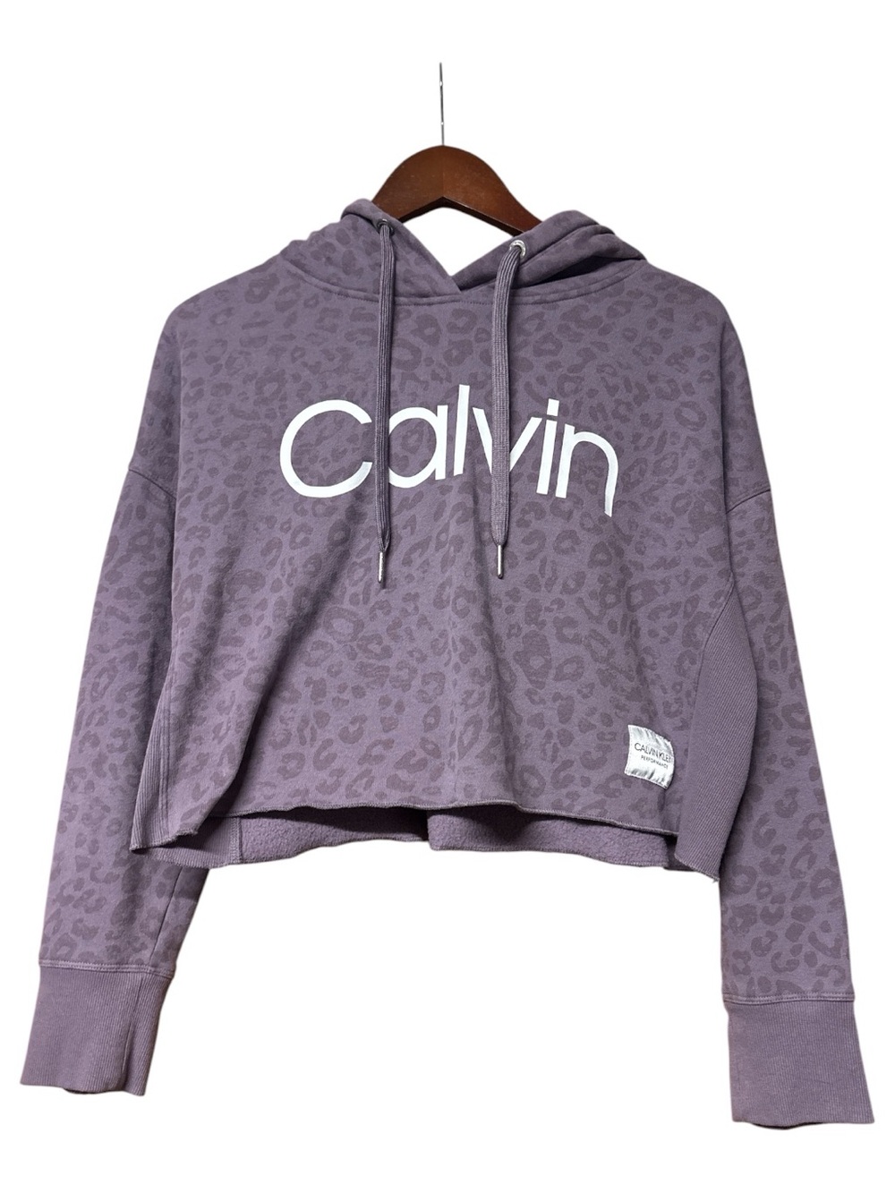Calvin Klein Performance Women's Purple Leopard Print Cropped Hoodie Sweatshirt.
